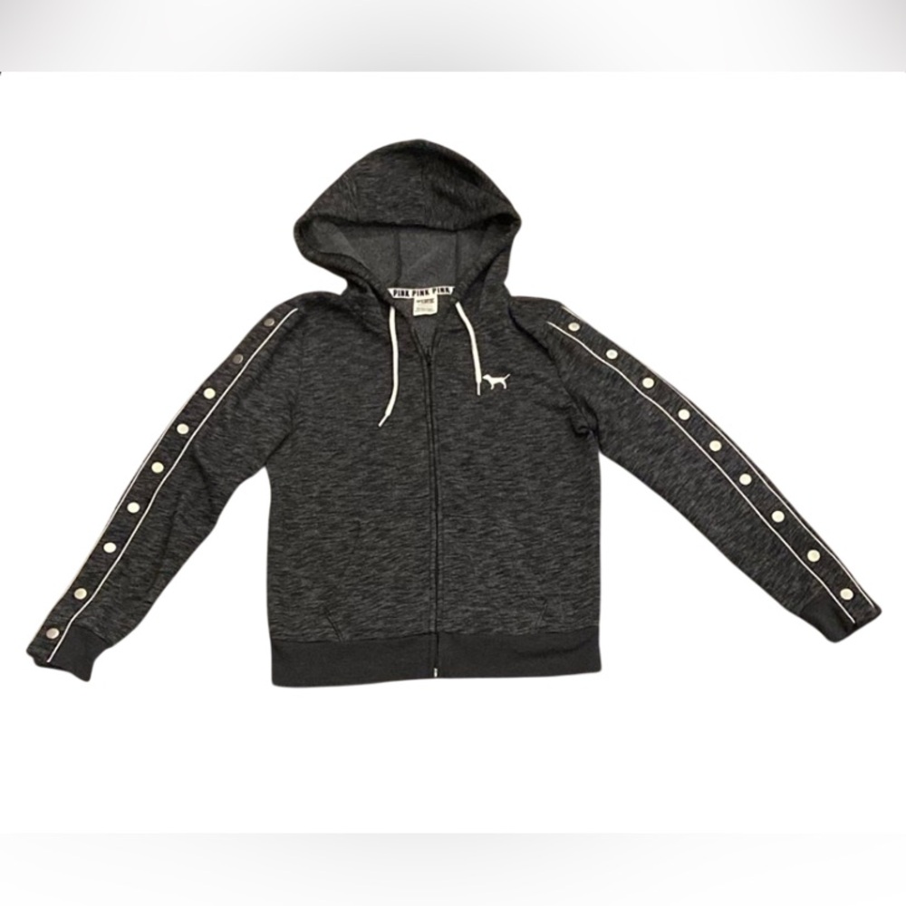 Victorias Secret Pink Hoodie Womens PTP 18 Gray Full Zip Snap Accent Open Sleeve